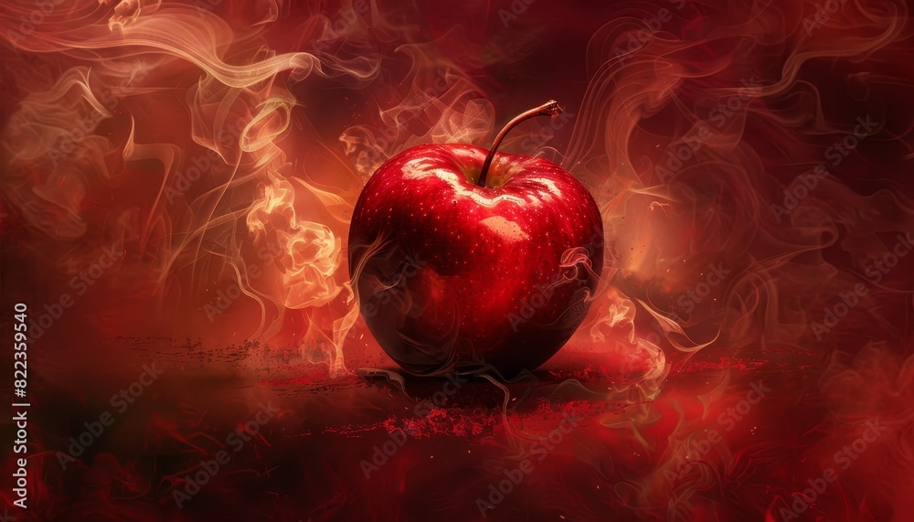 Sticker a red apple is on a black background with red smoke by ai generated image
