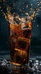 Glass of soda with ice and water splashing out.  Vertical background 