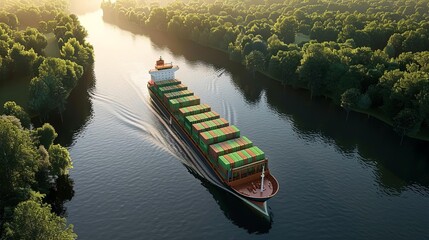 ecofriendly cargo container ship navigating river sustainable maritime transport reducing carbon emissions environmental conservation concept 3d illustration