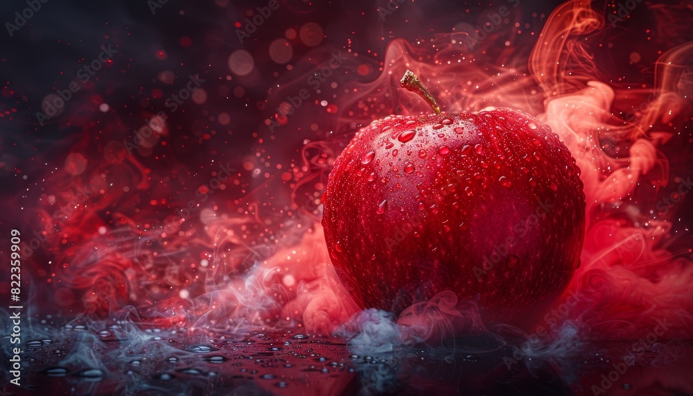 Sticker a red apple is on a black background with red smoke by ai generated image