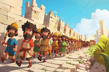 Fototapeta premium Step into a playful cartoon scene capturing Joshua and the Israelites circling the walls of Jericho, showcasing their resolve and hope as they prepare to bring down the formidable barriers