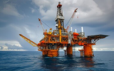 Offshore oil and gas platform in the ocean under a cloudy sky, displaying the complexity of energy infrastructure.