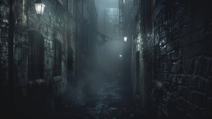 Fototapeta premium eerie deserted alleyway in misty night dimly lit by flickering streetlamps creating unsettling atmosphere spooky horror concept digital art