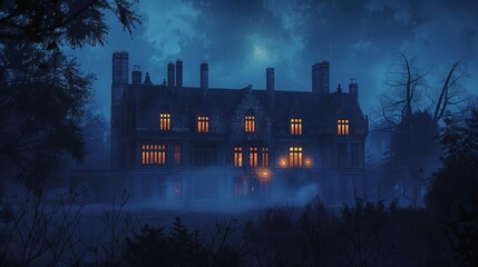 eerie illuminated manor house at night mysterious lit windows concept illustration