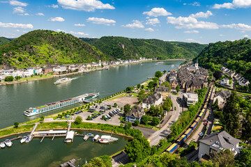 View from Rheinfels Castle of St. Goar, St. Goarshausen, Katz Castle and the Middle Rhine Valley,...