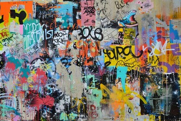 Mixed-Media Graffiti Collage with Stencils, Tags, and Vibrant Colors