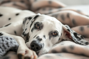 Cute dalmatian puppy relaxing on blanket, looking adorably into the camera, displaying its beautiful spotted coat.