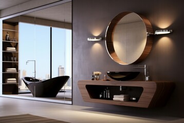 Elegant bathroom design featuring sleek fixtures and a panoramic cityscape background