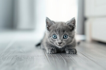 An adorable gray kitten with blue eyes lies on a wooden floor, looking curious and playful. - Powered by Adobe