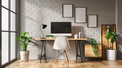 Interior design modern home office, Comfortable workplace, desk with computer monitor, stylish study room, beautiful home studio