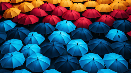 colorful umbrella standing out among blue umbrellas