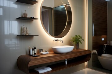 Sleek contemporary bathroom featuring a stylish basin, shelves, and a backlit circular mirror