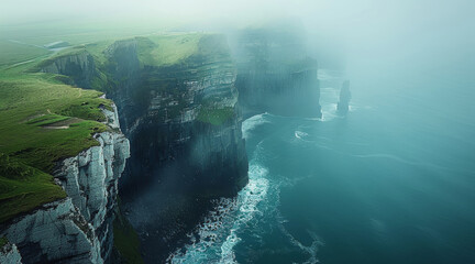 A misty morning on the coast, the sea pounds the cliffs topped with emerald green grasses, aerial...