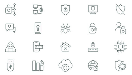 Security and protection line icons set. Security shield icons,shield logotypes with a check mark, and padlock security symbols icon collection. Thin outline icons pack.
