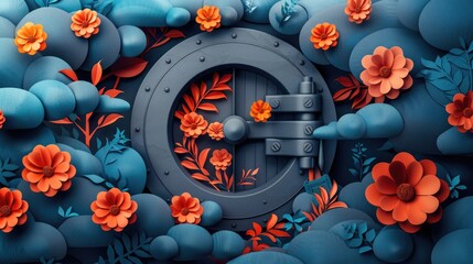 Obraz premium A captivating paper-cut art piece of a circular door surrounded by vibrant orange flowers and lush blue foliage, symbolizing the fusion of nature and imagination.