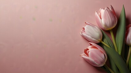  A bunch of pink tulips in full bloom against a soft pink background