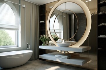 Luxurious bathroom design featuring a circular mirror, sleek bathtub, and natural light