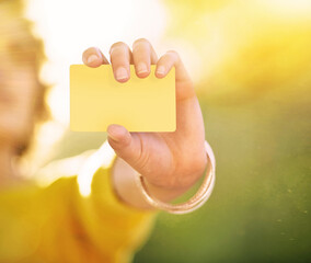 Person, bus and card in hand for travel in city with transportation, info and mockup outdoor....