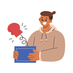 Man plays surprise toy box. Flat cartoon style vector illustration isolated on white background