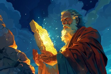 Fototapeta premium Witness a vibrant cartoon representation as Moses descends from Mount Sinai, carrying the stone tablets of the Ten Commandments, exuding authority and wisdom in a dynamic and powerful scene