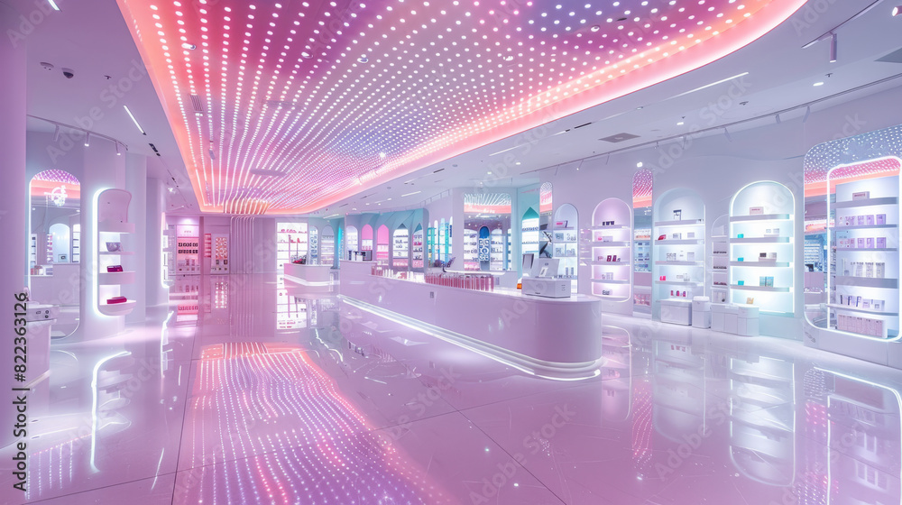 Aufkleber A high-end electrical goods store with an open floor plan and white and pink tiles on the floor. The ceiling is decorated with multi-colored LED lights that create unique patterns. Generative AI.