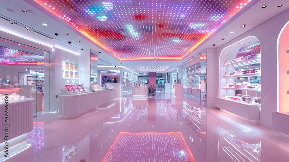 Aufkleber A high-end electrical goods store with an open floor plan and white and pink tiles on the floor. The ceiling is decorated with multi-colored LED lights that create unique patterns. Generative AI.