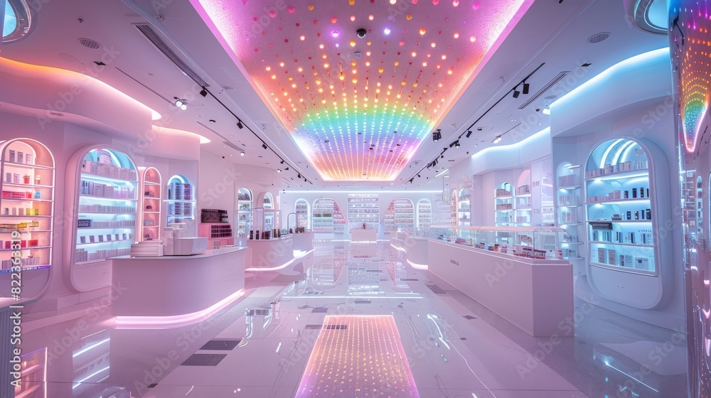 Aufkleber A high-end electrical goods store with an open floor plan and white and pink tiles on the floor. The ceiling is decorated with multi-colored LED lights that create unique patterns. Generative AI.