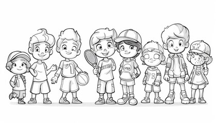 Simple line drawing of a coloring book showing Sports: football players, basketball players, tennis players, swimmers depicting a separate story and interacting with other characters, thick
