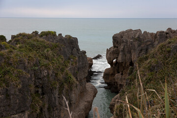 New Zealand Pancake Rocks in Hokitika on a sunny autumn day