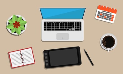Graphic Designer Table with Laptop and Drawing Tools. Art and profession concept illustration