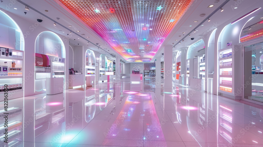 Aufkleber A high-end electrical goods store with an open floor plan and white and pink tiles on the floor. The ceiling is decorated with multi-colored LED lights that create unique patterns. Generative AI.