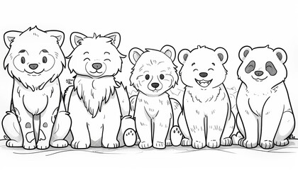 Simple line drawing of animals for coloring: Drawings of animals - cats, dogs, foxes, bears, as well as exotic animals such as pandas, giraffes and tigers that depict a separate story and interact 