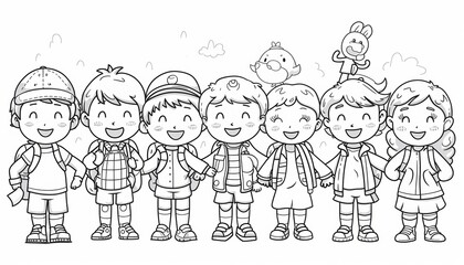 Simple line drawing of children's day coloring page: Pictures that show children's joy and happiness, family vacations and entertainment that can show interest in science and research