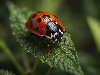 Obraz premium Enchanting Close-Up Macro Photography of Ladybug on Leaf with Vibrant Colors and Distinctive Spots
