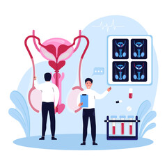 Nephrology, urology. Urinary Tract Infection, UTI Medical Concept. Doctors analyze the MRI results and determine the type of disease. Vector illustration