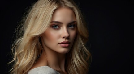 Fototapeta premium Beautiful attractive blonde woman model with long hair on a dark background