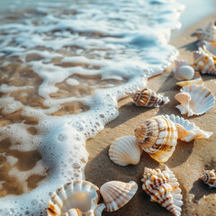 A beach scene with a large wave and a pile of shells. The shells are scattered across the sand, with some larger and some smaller. Concept of relaxation and leisure, as people can enjoy the beach