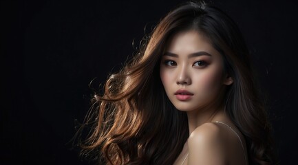 Fototapeta premium Beautiful attractive asian woman model with long hair on a dark background