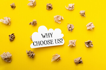 A yellow background with a white sign that says Why choose us on it