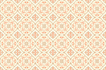 Sophisticated tile pattern with intricate peach designs on a beige background, creating an elegant and seamless design for decoration. Ideal for textiles and backgrounds.