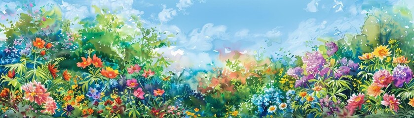 Obraz premium Capture the panoramic view of a lush garden in vivid watercolors, showcasing a tapestry of rainbow-colored flowers blooming under a clear blue sky