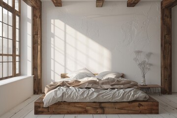 Simple wooden bed in a modern Scandinavian loft bedroom. It's next to a plain white wall with plenty of photocopying space