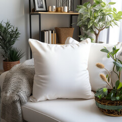 Square white blank mock up throw pillow on a styled sofa, white bright light room	
