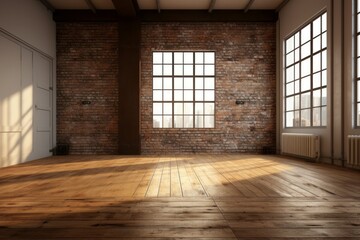 Spacious empty loft with large windows, warm sunlight, and rustic brick walls for a cozy urban interior