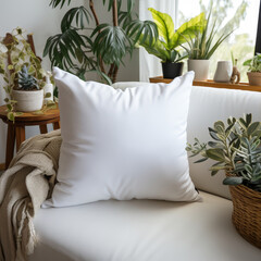 Square white blank mock up throw pillow on a styled sofa, white bright light room