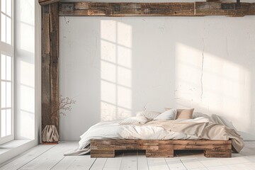 Simple wooden bed in a modern Scandinavian loft bedroom. It's next to a plain white wall with plenty of photocopying space
