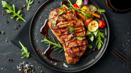 Aerial shot of a tender pork steak, highlighted by a medley of fresh vegetables and a drizzle of sauce.