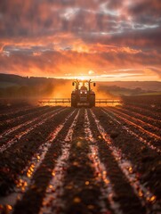 Dawn breaks over a modern tractor tilling the field, promising a bountiful harvest through advanced...