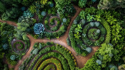 Aerial shot of a vegetable garden, highlighting the intricate patterns and verdant foliage from...