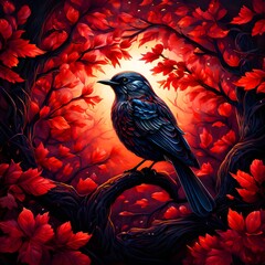 A  bird is sitting on a tree with red leaves